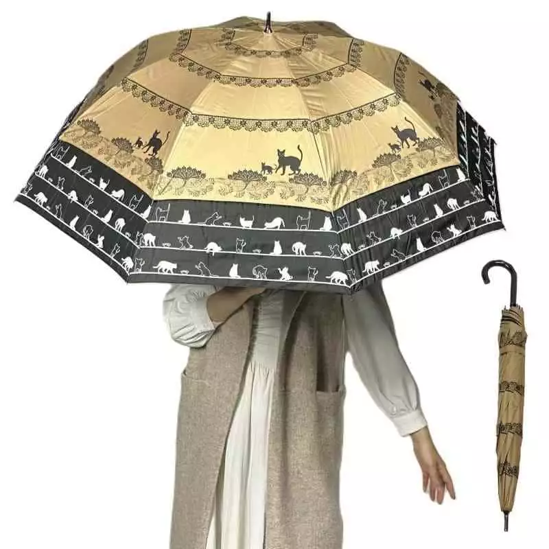 世界首創新機構 最強UV防護100％晴雨兩用變形傘 貓咪圖案 27019 米色